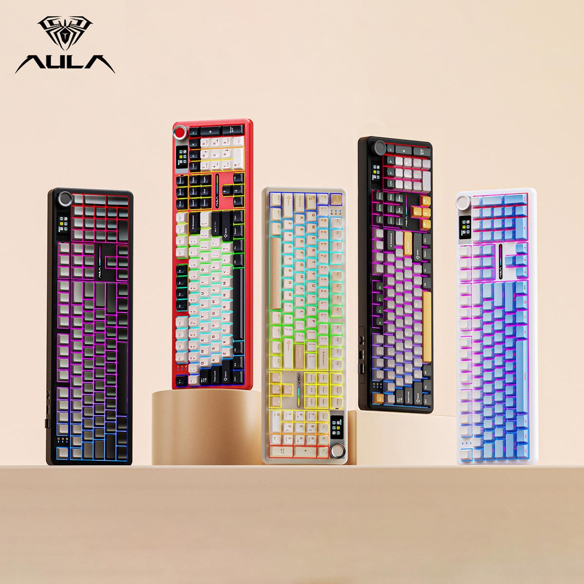 AULA F108 Pro 5가지 색상 라인업, LCD 디스플레이와 멀티펑션 노브가 보이는 모습