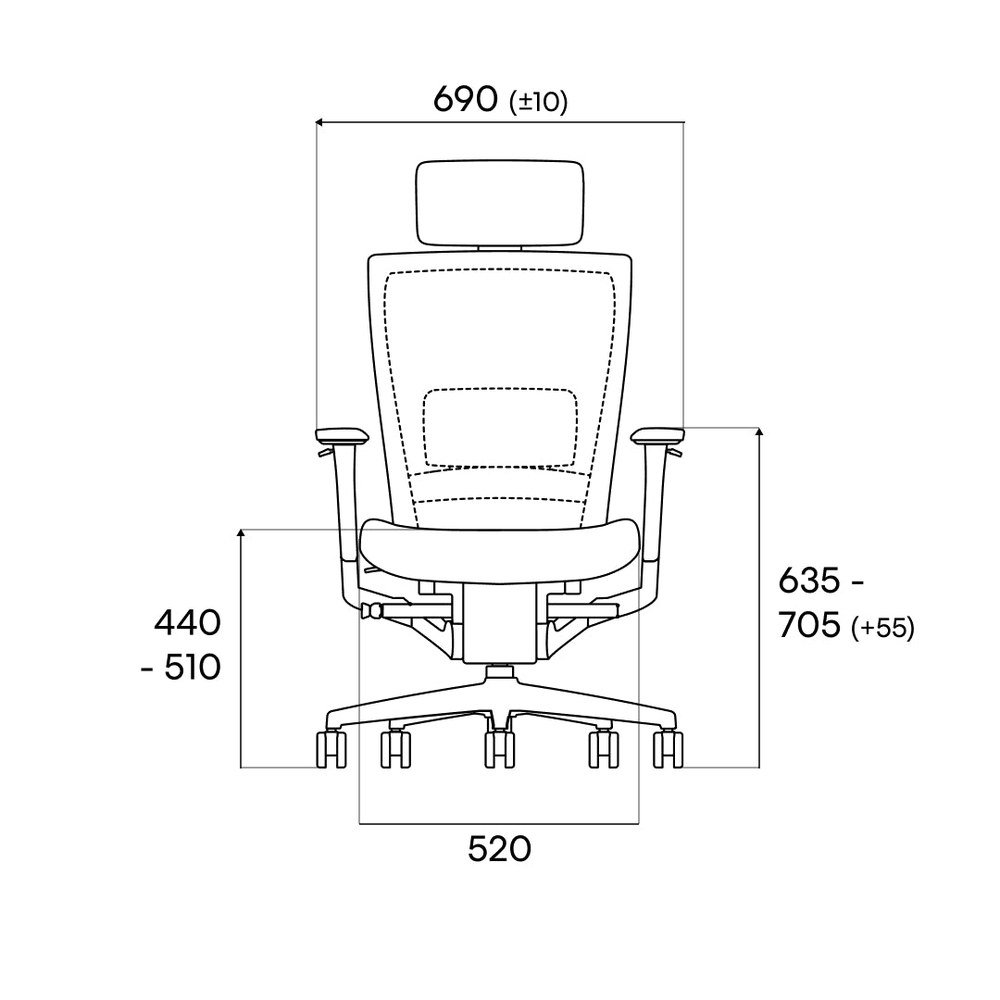 시디즈 T50 AIR 2세대 공식 치수 도면 - 전체 폭 690mm, 좌판 높이 440~510mm, 베이스 520mm