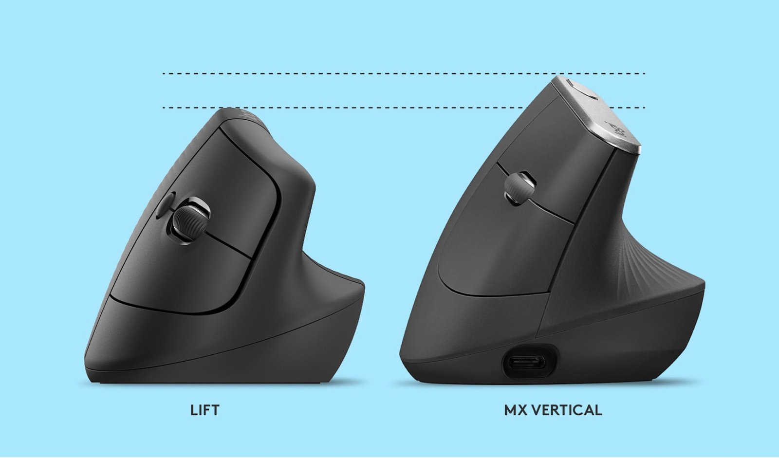 로지텍 Lift와 MX Vertical을 나란히 놓고 높이 차이를 점선으로 비교한 이미지